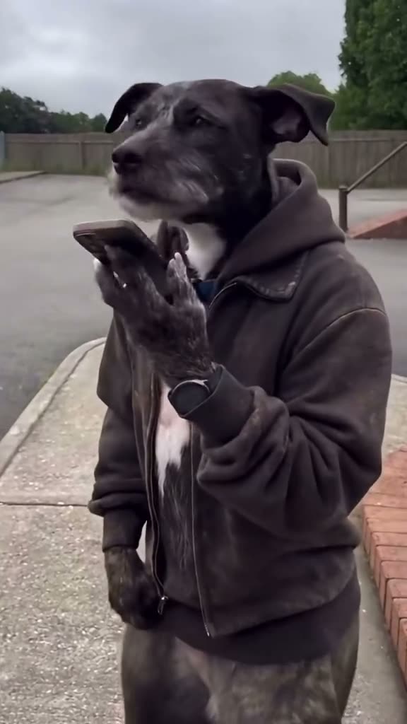 Black dog character in a hoodie holding a phone outdoors | ChatGPT Millionaire AI Video Generator