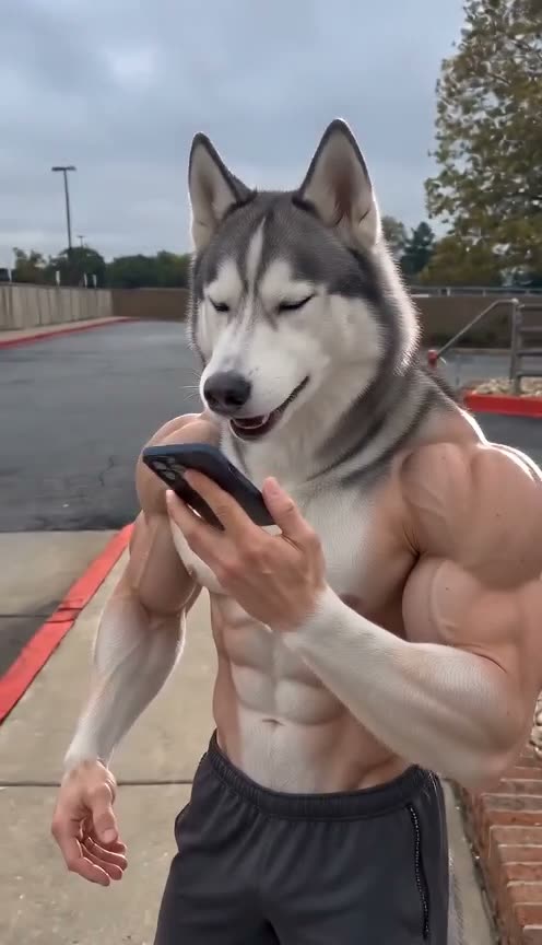 Muscular husky character checking a phone outdoors | ChatGPT Millionaire AI Video Generator